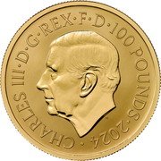 UK 100 Pounds (The British Lion and The American Eagle. Privy Bell. Frosted) CHARLES III D G REX F D 100 POUNDS 2024 MJ coin obverse UK 100 Pounds (The British Lion and The American Eagle. Privy Bell. Frosted) CHARLES III D G REX F D 100 POUNDS 2024 MJ coin obverse