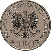 Poland 100 Zlotych 70th Anniversary of the Greater Poland Uprising. Trial Strike 1988 MW POLSKA RZECZPOSPOLITA LUDOWA 19 88 MW ZŁ 100 ZŁ coin obverse Poland 100 Zlotych 70th Anniversary of the Greater Poland Uprising. Trial Strike 1988 MW POLSKA RZECZPOSPOLITA LUDOWA 19 88 MW ZŁ 100 ZŁ coin obverse