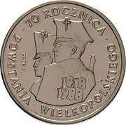 Poland 100 Zlotych 70th Anniversary of the Greater Poland Uprising. Trial Strike 1988 MW 7O ROCZNICA 1918 1988 PRÓBA POWSTANIA WIELKOPOLSKIEGO coin reverse Poland 100 Zlotych 70th Anniversary of the Greater Poland Uprising. Trial Strike 1988 MW 7O ROCZNICA 1918 1988 PRÓBA POWSTANIA WIELKOPOLSKIEGO coin reverse