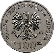 Poland 100 Zlotych Queen Jadwiga. Trial Strike 1988 MW POLSKA RZECZPOSPOLITA LUDOWA 19 88 MW ZŁ 100 ZŁ coin obverse Poland 100 Zlotych Queen Jadwiga. Trial Strike 1988 MW POLSKA RZECZPOSPOLITA LUDOWA 19 88 MW ZŁ 100 ZŁ coin obverse