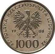 Poland 1000 Zlotych (10th Anniversary of the Election of Pope Ioannes Paulus II. Trial Strike) POLSKA RZECZPOSPOLITA LUDOWA 19 88 MW ZŁ 1000 ZŁ coin obverse Poland 1000 Zlotych (10th Anniversary of the Election of Pope Ioannes Paulus II. Trial Strike) POLSKA RZECZPOSPOLITA LUDOWA 19 88 MW ZŁ 1000 ZŁ coin obverse