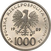 Poland 1000 Zlotych (Pope John Paul II. Trial Strike) POLSKA RZECZPOSPOLITA LUDOWA 19 89 MW ZŁ 1000 ZŁ coin obverse