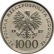 Poland 1000 Zlotych Visit of Pope John Paul II. Trial Strike 1987 MW POLSKA RZECZPOSPOLITA LUDOWA 19 87 MW ZŁ 1000 ZŁ coin obverse Poland 1000 Zlotych Visit of Pope John Paul II. Trial Strike 1987 MW POLSKA RZECZPOSPOLITA LUDOWA 19 87 MW ZŁ 1000 ZŁ coin obverse
