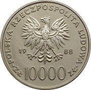 Poland 10000 Zlotych (10th Anniversary of the Election of Pope Ioannes Paulus II. Trial Strike) POLSKA RZECZPOSPOLITA LUDOWA 19 88 MW ZŁ 10000 ZŁ coin obverse Poland 10000 Zlotych (10th Anniversary of the Election of Pope Ioannes Paulus II. Trial Strike) POLSKA RZECZPOSPOLITA LUDOWA 19 88 MW ZŁ 10000 ZŁ coin obverse