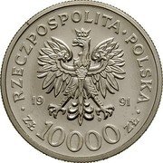 Poland 10000 Zlotych 200th Anniversary of Polish Constitution. Trial Strike 1991 MW RZECZPOSPOLITA POLSKA 1991 MW ZŁ 10000 ZŁ coin obverse