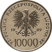 Poland 10000 Zlotych John Paul II. Trial Strike 1989 MW POLSKA RZECZPOSPOLITA LUDOWA 19 89 MW ZŁ 10000 ZŁ coin obverse Poland 10000 Zlotych John Paul II. Trial Strike 1989 MW POLSKA RZECZPOSPOLITA LUDOWA 19 89 MW ZŁ 10000 ZŁ coin obverse
