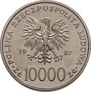 Poland 10000 Zlotych Visit of Pope John Paul II. Trial Strike 1987 MW POLSKA RZECZPOSPOLITA LUDOWA 19 87 MW ZŁ 10000 ZŁ coin obverse Poland 10000 Zlotych Visit of Pope John Paul II. Trial Strike 1987 MW POLSKA RZECZPOSPOLITA LUDOWA 19 87 MW ZŁ 10000 ZŁ coin obverse