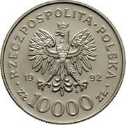 Poland 10000 Zlotych Wladyslaw III Warnenczyk. Trial Strike 1992 MW RZECZPOSPOLITA POLSKA 1992 MW ZŁ 10000 ZŁ coin obverse