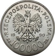 Poland 100000 Zlotych 10th Anniversary of the Forming the Solidarity Trade Union. Trial Strike 1990 MW RZECZPOSPOLITA POLSKA 19 90 MW ZŁ 100000 ZŁ coin obverse Poland 100000 Zlotych 10th Anniversary of the Forming the Solidarity Trade Union. Trial Strike 1990 MW RZECZPOSPOLITA POLSKA 19 90 MW ZŁ 100000 ZŁ coin obverse