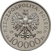 Poland 100000 Zlotych 10th Anniversary of the Forming the Solidarity Trade Union. Trial Strike. Smaller 1990 MW RZECZPOSPOLITA POLSKA 19 90 MW ZŁ 100000 ZŁ coin obverse Poland 100000 Zlotych 10th Anniversary of the Forming the Solidarity Trade Union. Trial Strike. Smaller 1990 MW RZECZPOSPOLITA POLSKA 19 90 MW ZŁ 100000 ZŁ coin obverse