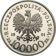 Poland 100000 Zlotych (Poles on the Fronts of WWII. Henryk Hubal Dobrzanski. Trial Strike) RZECZPOSPOLITA POLSKA 19 91 MW ZŁ 100000 ZŁ coin obverse