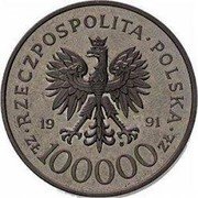 Poland 100000 Zlotych Poles on the Fronts of WWII. Siege of Tobruk. Trial Strike 1991 MW RZECZPOSPOLITA POLSKA 19 91 MW ZŁ 100000 ZŁ coin obverse