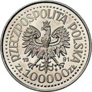 Poland 100000 Zlotych Pope John Paul II. Trial Strike 1991 MW Proof RZECZPOSPOLITA POLSKA 19 91 MW ZŁ 100000 ZŁ coin obverse