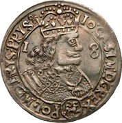Poland 18 Groszy (Johann Casimir. Shield) 18 IO CASIM D G REX POL M D L RVS PRVS coin obverse Poland 18 Groszy (Johann Casimir. Shield) 18 IO CASIM D G REX POL M D L RVS PRVS coin obverse