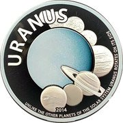 Cook Islands 2 Dollars (Uranus) URANUS 2014 UNLIKE THE OTHER PLANETS OF THE SOLAR SYSTEM URANUS ROTATES ON ITS SIDE coin reverse