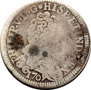 Spain 2 Reales (Philip V Madrid Mint. Portrait) PHILIP V D G HISP ET IND REX 1709 coin obverse Spain 2 Reales (Philip V Madrid Mint. Portrait) PHILIP V D G HISP ET IND REX 1709 coin obverse