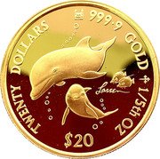 Cook Islands 20 Dollars (Dolphins) TWENTY DOLLARS 999.9 GOLD 1/5TH OZ LASSEN $20 coin reverse Cook Islands 20 Dollars (Dolphins) TWENTY DOLLARS 999.9 GOLD 1/5TH OZ LASSEN $20 coin reverse