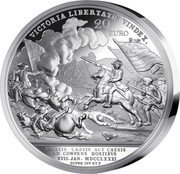 France 20 Euro (The Battle of Cowpens) 20 EURO VICTORIA LIBERTATIS VINDEX FVGATIS CAPTIS AVT CAESIS AD COWPENS HOSTIEVS XVII. JAN. MDCCLXXXI DUPRE INV ET F coin reverse