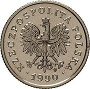 Poland 20 Groszy Circulation Coin. Trial Strike 1990 MW RZECZPOSPOLITA POLSKA MW 1990 coin obverse