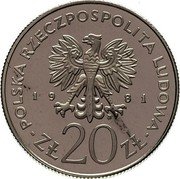 Poland 20 Zlotych Mariacki Church. Trial Strike 1981 MW POLSKA RZECZPOSPOLITA LUDOWA 19 81 MW ZŁ 20 ZŁ coin obverse