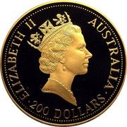 Australia 200 Dollars (Australian Nugget. Whiptail Wallaby) ELIZABETH II AUSTRALIA 200 DOLLARS RDM coin obverse Australia 200 Dollars (Australian Nugget. Whiptail Wallaby) ELIZABETH II AUSTRALIA 200 DOLLARS RDM coin obverse