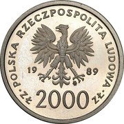 Poland 2000 Zlotych (Pope John Paul II. Trial Strike) POLSKA RZECZPOSPOLITA LUDOWA 19 89 MW ZŁ 2000 ZŁ coin obverse
