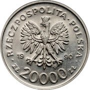 Poland 20000 Zlotych 10th Anniversary of the Forming the Solidarity Trade Union. Trial Strike 1990 MW RZECZPOSPOLITA POLSKA 19 90 MW ZŁ 20000 ZŁ coin obverse