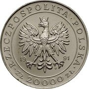 Poland 20000 Zlotych (225th Anniversary of the Warsaw Mint. Trial Strike) RZECZPOSPOLITA POLSKA 19 91 MW ZŁ 20000 ZŁ coin obverse Poland 20000 Zlotych (225th Anniversary of the Warsaw Mint. Trial Strike) RZECZPOSPOLITA POLSKA 19 91 MW ZŁ 20000 ZŁ coin obverse