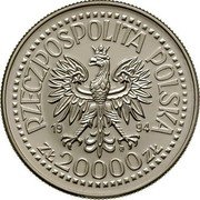 Poland 20000 Zlotych New Mint Building. Trial Strike 1994 MW RZECZPOSPOLITA POLSKA 1994 MW ZŁ 20000 ZŁ coin obverse Poland 20000 Zlotych New Mint Building. Trial Strike 1994 MW RZECZPOSPOLITA POLSKA 1994 MW ZŁ 20000 ZŁ coin obverse