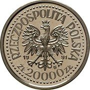 Poland 20000 Zlotych Pope John Paul II. Trial Strike 1991 MW Proof RZECZPOSPOLITA POLSKA 1991 MW ZŁ 20000 ZŁ coin obverse Poland 20000 Zlotych Pope John Paul II. Trial Strike 1991 MW Proof RZECZPOSPOLITA POLSKA 1991 MW ZŁ 20000 ZŁ coin obverse
