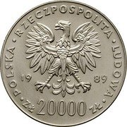 Poland 20000 Zlotych XIV FIFA World Cup in Italy. Ball. Trial Strike 1989 MW POLSKA RZECZYPOSPOLITA LUDOWA 19 89 MW ZŁ 20000 ZŁ coin obverse