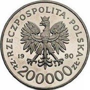 Poland 200000 Zlotych 10th Anniversary of the Forming the Solidarity Trade Union. Trial Strike 1990 MW RZECZPOSPOLITA POLSKA 19 90 MW ZŁ 200000 ZŁ coin obverse Poland 200000 Zlotych 10th Anniversary of the Forming the Solidarity Trade Union. Trial Strike 1990 MW RZECZPOSPOLITA POLSKA 19 90 MW ZŁ 200000 ZŁ coin obverse