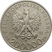Poland 200000 Zlotych 70th Anniversary of the Poznan Fair. Trial Strike 1991 MW RZECZPOSPOLITA POLSKA 19 91 MW ZŁ 200000 ZŁ coin obverse Poland 200000 Zlotych 70th Anniversary of the Poznan Fair. Trial Strike 1991 MW RZECZPOSPOLITA POLSKA 19 91 MW ZŁ 200000 ZŁ coin obverse