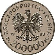 Poland 200000 Zlotych 750 Years of the City of Szczecin. Trial Strike 1993 MW RZECZPOSPOLITA POLSKA 1993 MW ZŁ 200000 ZŁ coin obverse Poland 200000 Zlotych 750 Years of the City of Szczecin. Trial Strike 1993 MW RZECZPOSPOLITA POLSKA 1993 MW ZŁ 200000 ZŁ coin obverse