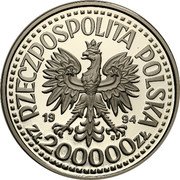 Poland 200000 Zlotych (75th Anniversary of the Disabled Association. Trial Strike) RZECZPOSPOLITA POLSKA 1994 MW ZŁ 200000 ZŁ coin obverse Poland 200000 Zlotych (75th Anniversary of the Disabled Association. Trial Strike) RZECZPOSPOLITA POLSKA 1994 MW ZŁ 200000 ZŁ coin obverse