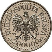 Poland 200000 Zlotych Poles on the Fronts of WWII. Convoys. Trial Strike 1992 MW RZECZPOSPOLITA POLSKA 1992 MW ZŁ 200000 ZŁ coin obverse