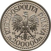 Poland 200000 Zlotych Sigismund I the Old Bust. Trial Strike. Larger 1994 MW RZECZPOSPOLITA POLSKA 1994 MW ZŁ 200000 ZŁ coin obverse Poland 200000 Zlotych Sigismund I the Old Bust. Trial Strike. Larger 1994 MW RZECZPOSPOLITA POLSKA 1994 MW ZŁ 200000 ZŁ coin obverse