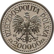 Poland 200000 Zlotych Sigismund I the Old Half Lenght. Trial Strike 1994 MW RZECZPOSPOLITA POLSKA 1994 MW ZŁ 200000 ZŁ coin obverse Poland 200000 Zlotych Sigismund I the Old Half Lenght. Trial Strike 1994 MW RZECZPOSPOLITA POLSKA 1994 MW ZŁ 200000 ZŁ coin obverse