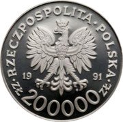 Poland 200000 Zlotych (XVI Winter Olympics in Albertville. Trial Strike) RZECZPOSPOLITA POLSKA 19 91 MW ZŁ 200000 ZŁ coin obverse Poland 200000 Zlotych (XVI Winter Olympics in Albertville. Trial Strike) RZECZPOSPOLITA POLSKA 19 91 MW ZŁ 200000 ZŁ coin obverse