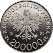 Poland 200000 Zlotych (XXV Olympics Games in Barcelona. Trial Strike) RZECZPOSPOLITA POLSKA 19 91 MW ZŁ 200000 ZŁ coin obverse Poland 200000 Zlotych (XXV Olympics Games in Barcelona. Trial Strike) RZECZPOSPOLITA POLSKA 19 91 MW ZŁ 200000 ZŁ coin obverse