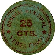 Spain 25 Centimos (Yepes) CONSEJO MUNICIPAL YEPES (TOLEDO) 25 CTS. coin obverse Spain 25 Centimos (Yepes) CONSEJO MUNICIPAL YEPES (TOLEDO) 25 CTS. coin obverse