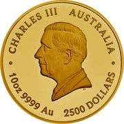 Australia 2500 Dollars (The Jewelled Turtle) DT CHARLES III AUSTRALIA 10OZ 9999 AU 2500 DOLLARS coin obverse Australia 2500 Dollars (The Jewelled Turtle) DT CHARLES III AUSTRALIA 10OZ 9999 AU 2500 DOLLARS coin obverse