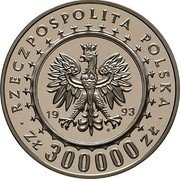 Poland 300000 Zlotych Lancut Castle. Trial Strike. Larger 1993 MW RZECZPOSPOLITA POLSKA 1993 MW ZŁ 300000 ZŁ coin obverse Poland 300000 Zlotych Lancut Castle. Trial Strike. Larger 1993 MW RZECZPOSPOLITA POLSKA 1993 MW ZŁ 300000 ZŁ coin obverse
