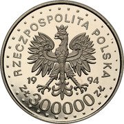 Poland 300000 Zlotych (St. Maksymilian Kolbe. Trial Strike) RZECZPOSPOLITA POLSKA 1994 MW ZŁ 300000 ZŁ coin obverse Poland 300000 Zlotych (St. Maksymilian Kolbe. Trial Strike) RZECZPOSPOLITA POLSKA 1994 MW ZŁ 300000 ZŁ coin obverse