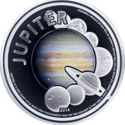 Cook Islands 5 Dollars (Jupiter) JUPITER 2014 JUPITER IS A GAS GIANT WITH MASS ONE-THOUSANDTH OF THE SUN BUT TWO AND A HALF TIMES THE MASS OF ALL THE OTHER PLANETS IN THE SOLAR SYSTEM COMBINED coin reverse