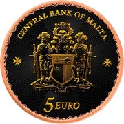 Malta 5 Euro Maltese Cross. Black & Rose 2023 CENTRAL BANK OF MALTA 5 EURO coin obverse Malta 5 Euro Maltese Cross. Black & Rose 2023 CENTRAL BANK OF MALTA 5 EURO coin obverse