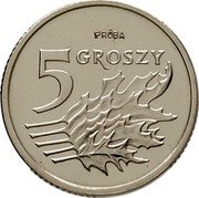 Poland 5 Groszy Circulation Coin. Five Oak Leaves. Trial Strike 1990 MW PRÓBA 5 GROSZY coin reverse