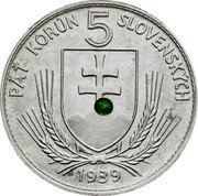 Slovakia 5 Korun (Andrej Hlinka. Green Marks) PÄŤ KORÚN 5 SLOVENSKÝCH 1939 coin obverse