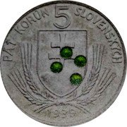 Slovakia 5 Korun (Andrej Hlinka. Pattern with Green Marks) PÄŤ KORÚN 5 SLOVENSKÝCH 1939 coin obverse
