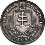 Slovakia 5 Korun (Andrej Hlinka. Trial Strike) PÄT KORÚN 5 SLOVENSKÝCH 1939 coin obverse Slovakia 5 Korun (Andrej Hlinka. Trial Strike) PÄT KORÚN 5 SLOVENSKÝCH 1939 coin obverse